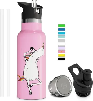 Kids Water Bottle Easy-Sip Straw Lid Leak-Proof Insulated Stainless Steel Thermos Perfect for School & Pickleball 3 Lids BPA-Free Keeps Drinks Cold for 24 Hours (Unicorn 17oz)