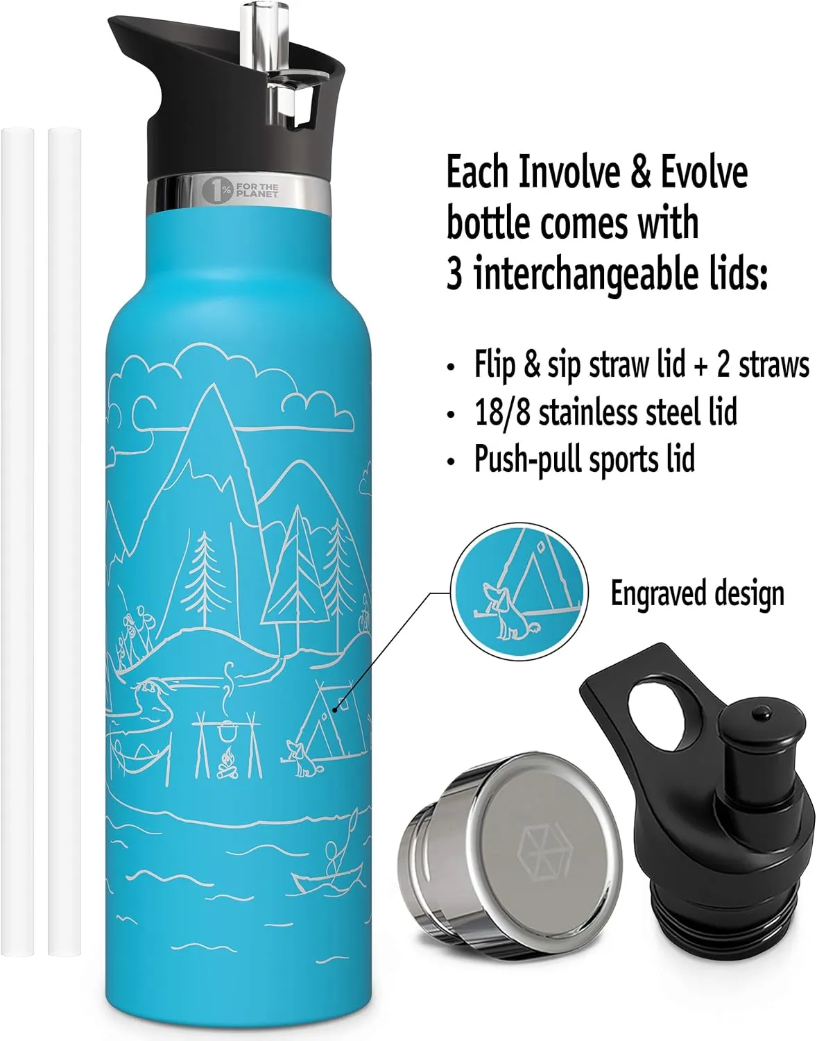 Kids Water Bottle Easy-Sip Straw Lid Leak-Proof Insulated Stainless Steel Thermos Perfect for School & Pickleball 3 Lids BPA-Free Keeps Drinks Cold for 24 Hours
