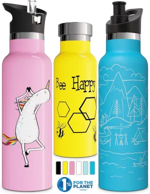 Kids Water Bottle Easy-Sip Straw Lid Leak-Proof Insulated Stainless Steel Thermos Perfect for School & Pickleball 3 Lids BPA-Free Keeps Drinks Cold for 24 Hours