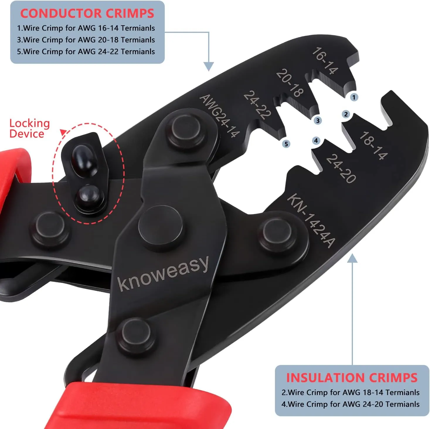 Knoweasy Molex Crimper and Delphi Crimper Compatible with Deutsch DT Series Stamped or Formed Contact,Molex, Delphi, Amp, Tyco, Harley, PC, Automotive - AWG 24-14 Wire Crimper 1424A