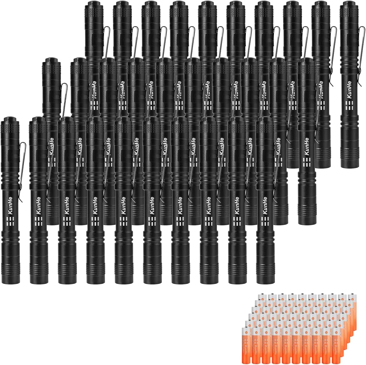 KunHe 30 Pack LED Pen Light Bulk Flashlights Aluminum Waterproof Mini Flashlight with Clip Pocket Pen Flashlights for Hurricane Work Camping Emergency(5 Inch)