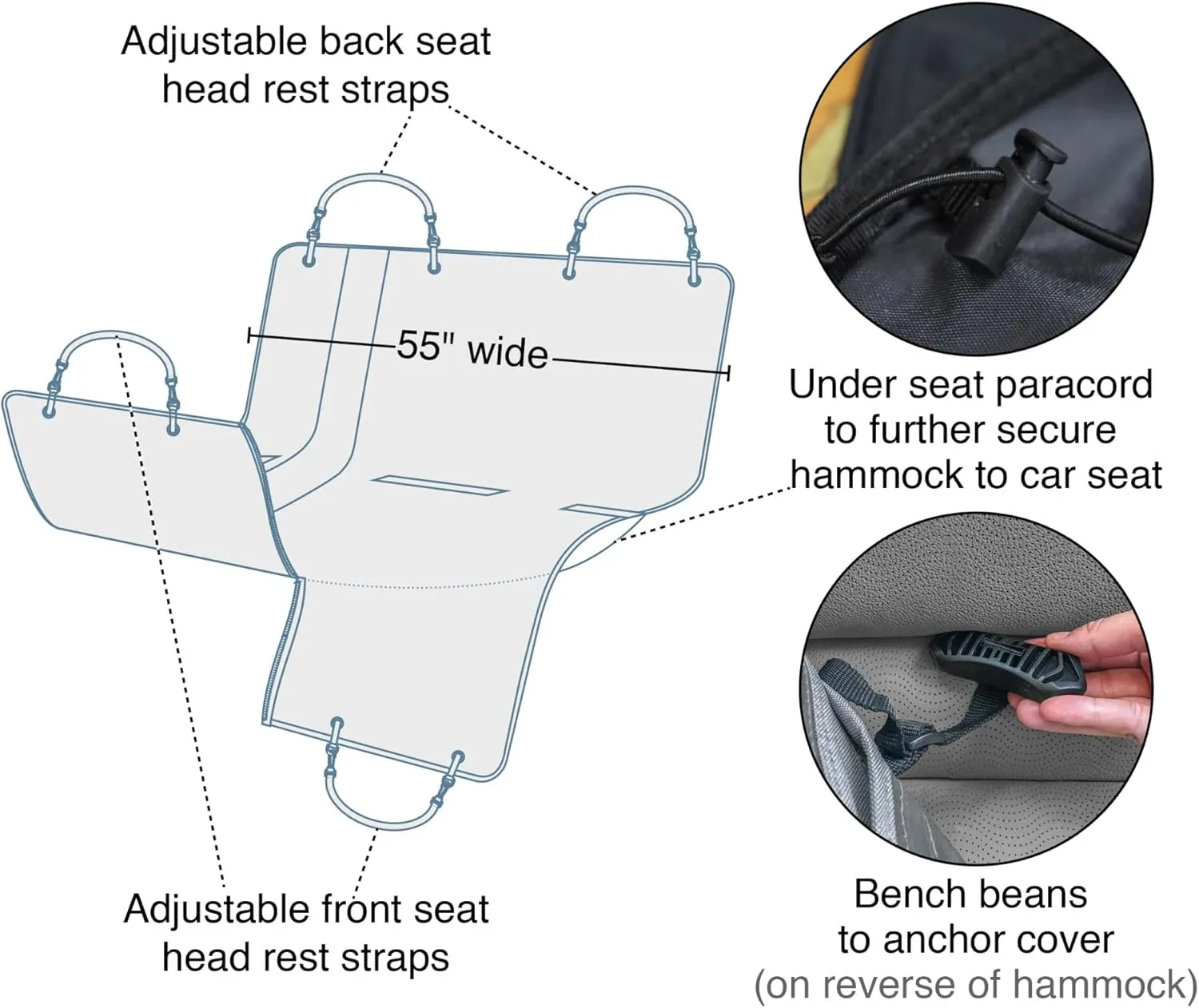Kurgo Dog Car Seat Cover, Pet Bench Seat Covers, Hammock Style Car Cover, Water Resistant, Scratch Proof, Cars, 55 Inches, Heather Hammock (Heather Charcoal Grey, 55")