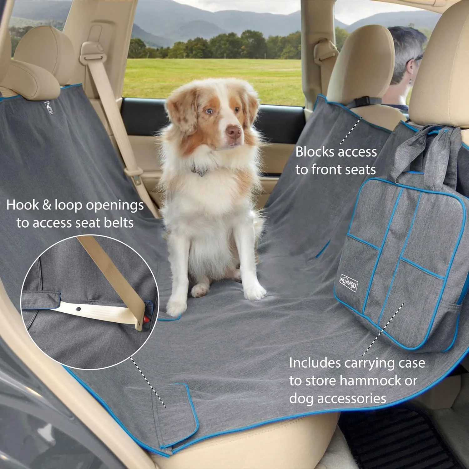 Kurgo Dog Car Seat Cover, Pet Bench Seat Covers, Hammock Style Car Cover, Water Resistant, Scratch Proof, Cars, 55 Inches, Heather Hammock (Heather Charcoal Grey, 55")
