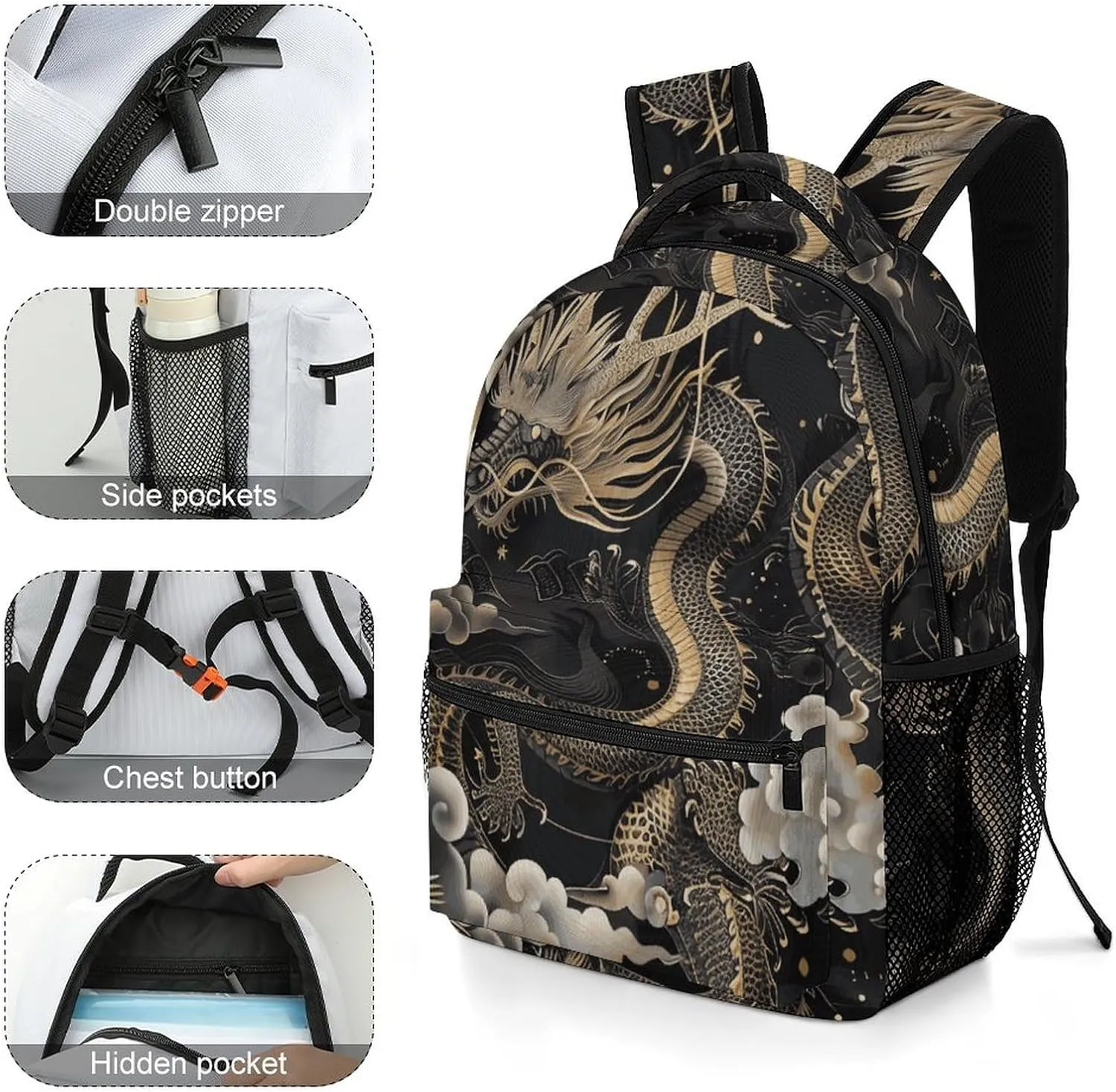 Laptop Backpack for Men Women Lightweight Daypack with Compartment Rucksack Black Chinese Dragon Laptop Bag