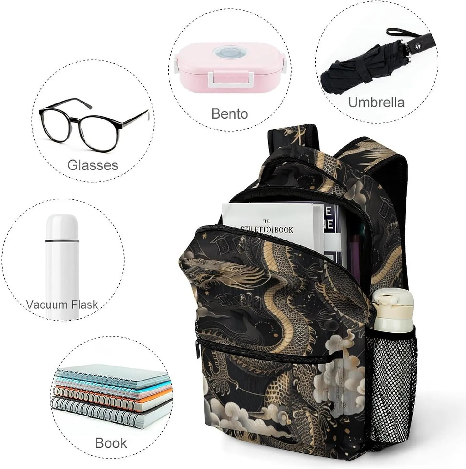 Laptop Backpack for Men Women Lightweight Daypack with Compartment Rucksack Black Chinese Dragon Laptop Bag