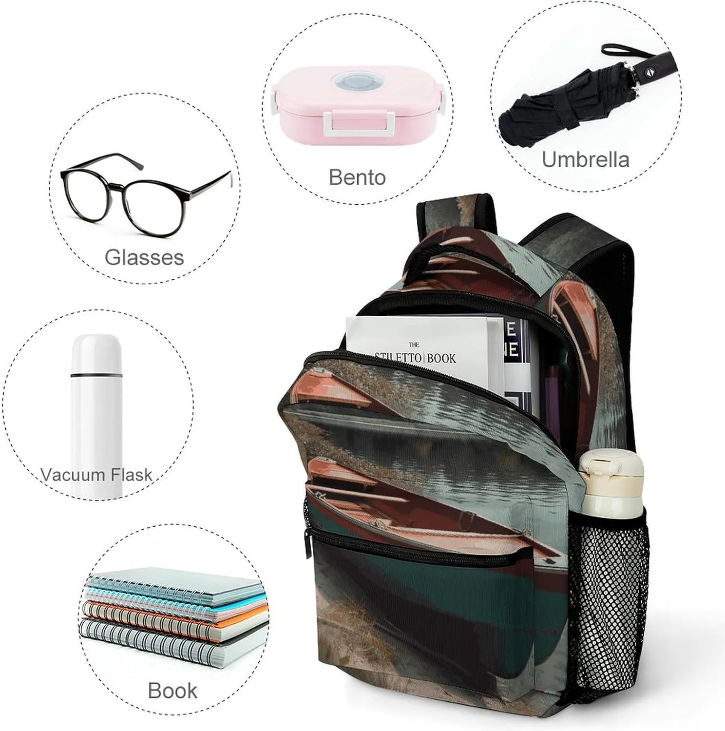 Laptop Backpack for Men Women Lightweight Daypack with Compartment Rucksack Boat Moored on Shore Laptop Bag