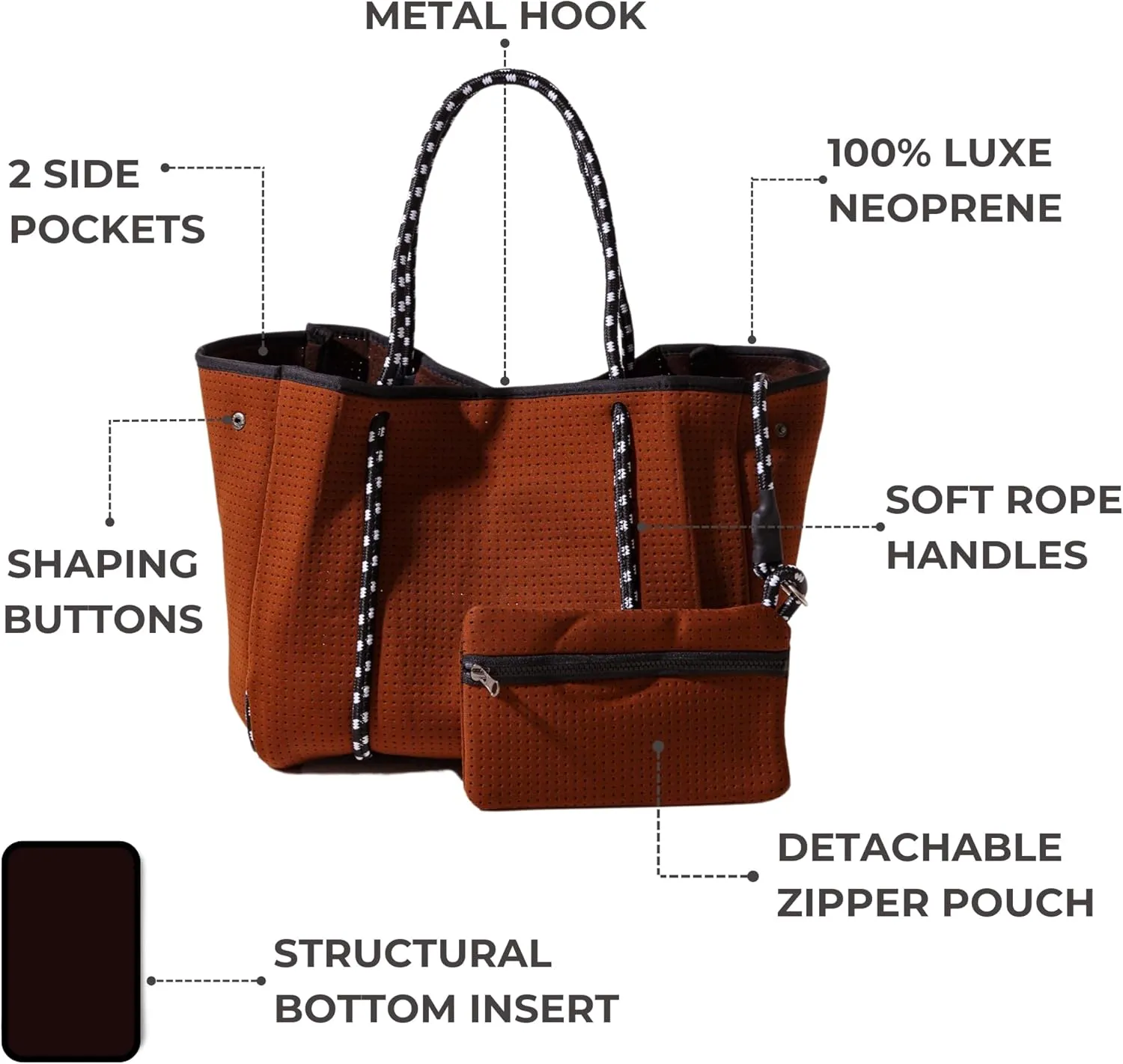 Large Neoprene Tote Bag for Women - Everyday Designer Handbag for Travel Work and Beach with Pockets and Zipper Pouch