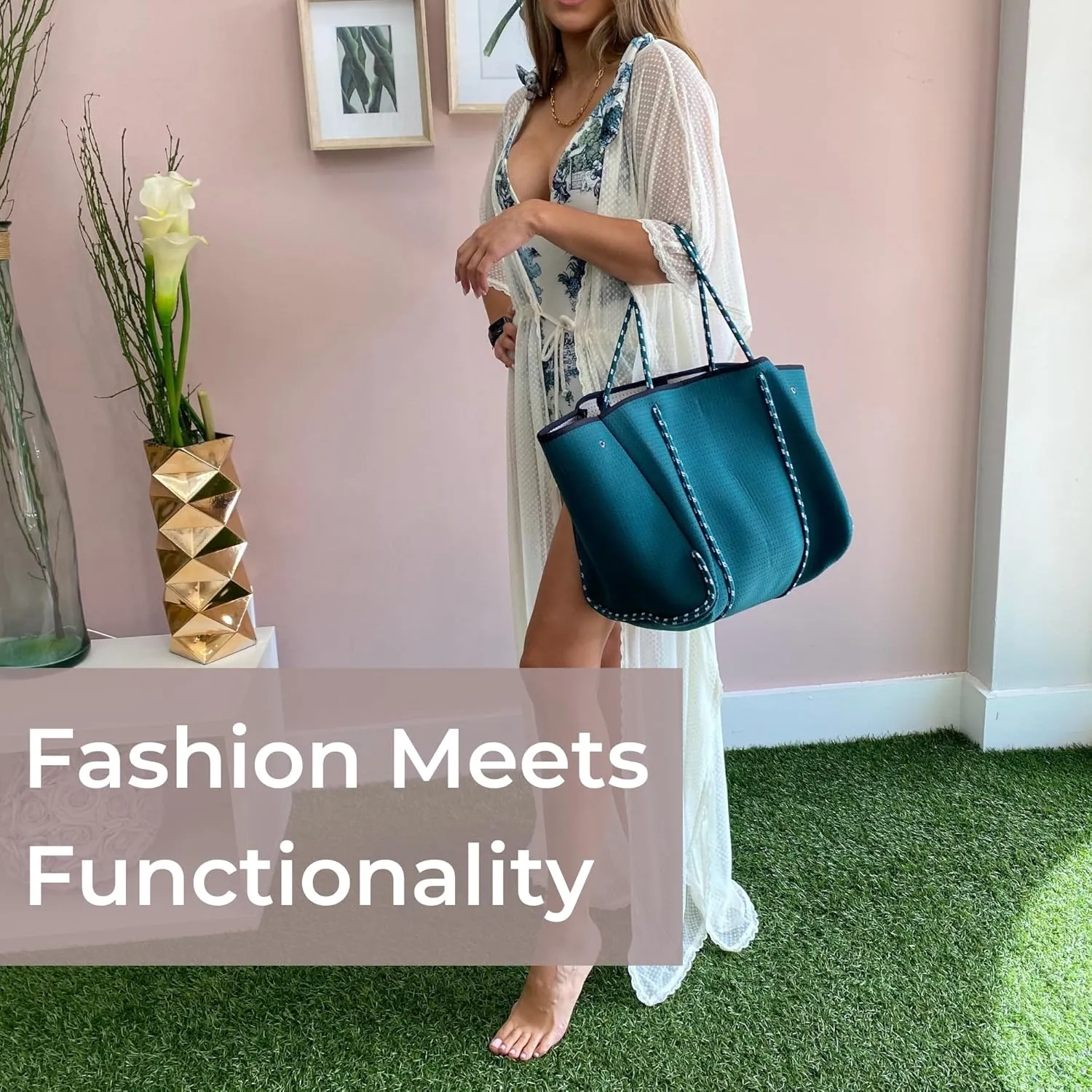 Large Neoprene Tote Bag for Women - Everyday Designer Handbag for Travel Work and Beach with Pockets and Zipper Pouch
