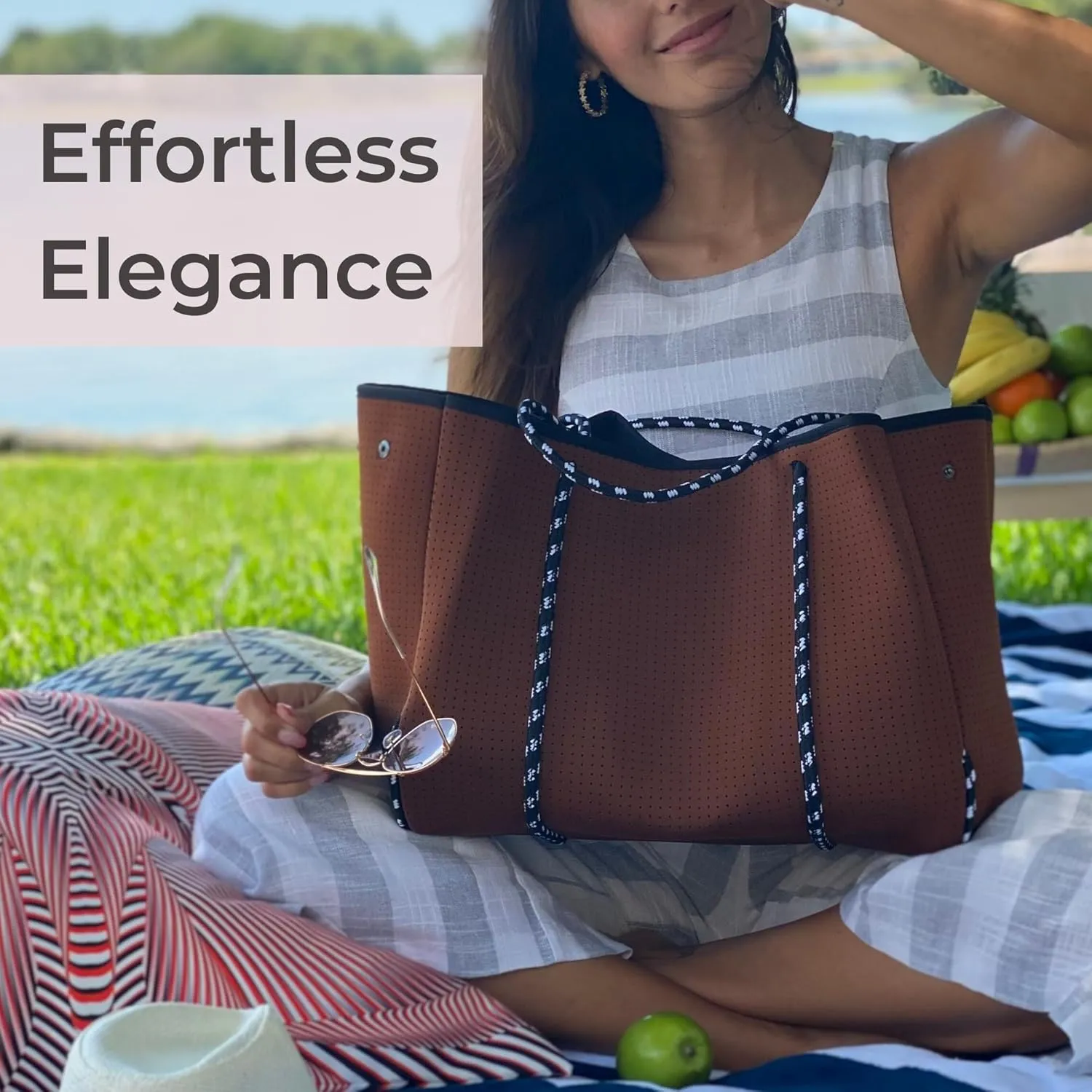 Large Neoprene Tote Bag for Women - Everyday Designer Handbag for Travel Work and Beach with Pockets and Zipper Pouch