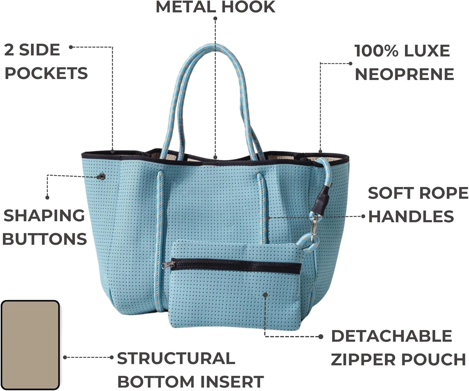 Large Neoprene Tote Bag for Women - Everyday Designer Handbag for Travel Work and Beach with Pockets and Zipper Pouch
