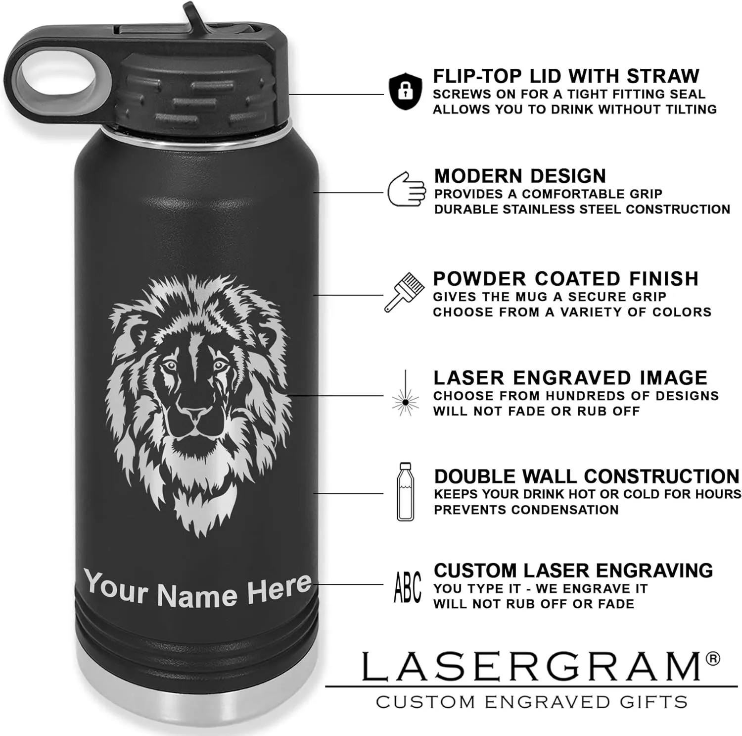 LaserGram Personalized Water Bottle, Grad Cap Class of 2023, 2024, 2025, 2026, 2027, Stainless Steel Double Wall Vacuum Insulated with Flip Top Straw, Custom Engraved Gift (40oz / 1180ml Black)