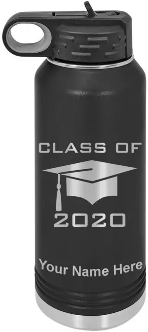LaserGram Personalized Water Bottle, Grad Cap Class of 2023, 2024, 2025, 2026, 2027, Stainless Steel Double Wall Vacuum Insulated with Flip Top Straw, Custom Engraved Gift (40oz / 1180ml Black)