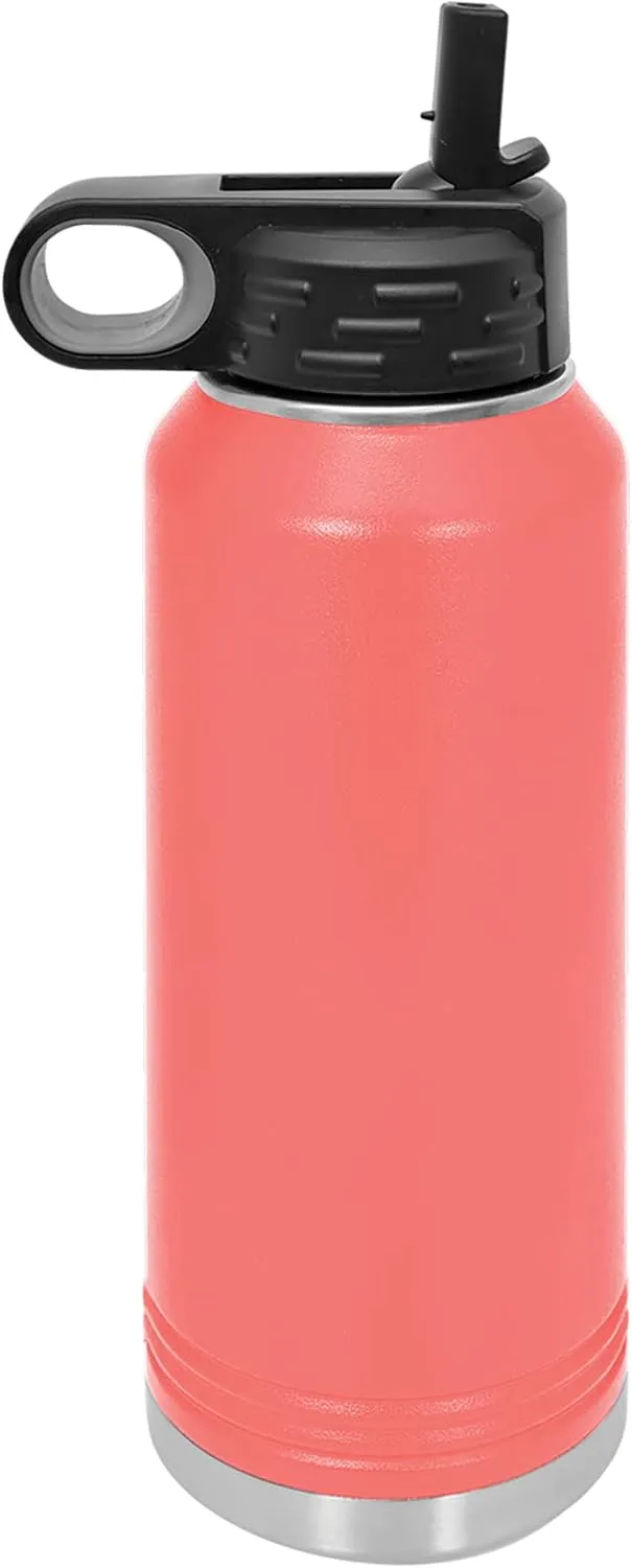 LaserGram Personalized Water Bottle, Sun, Stainless Steel Double Wall Vacuum Insulated with Flip Top Straw, Custom Engraved Gift (40oz / 1180ml Coral)