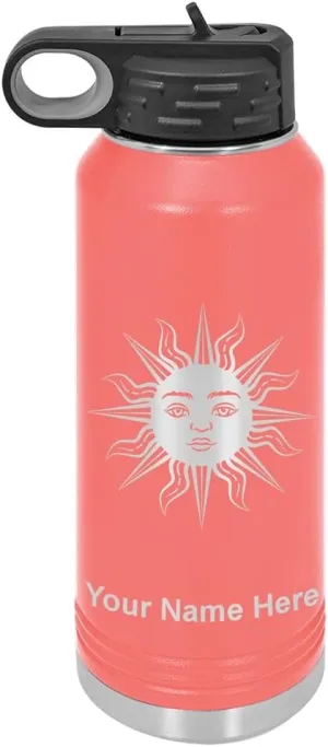 LaserGram Personalized Water Bottle, Sun, Stainless Steel Double Wall Vacuum Insulated with Flip Top Straw, Custom Engraved Gift (40oz / 1180ml Coral)