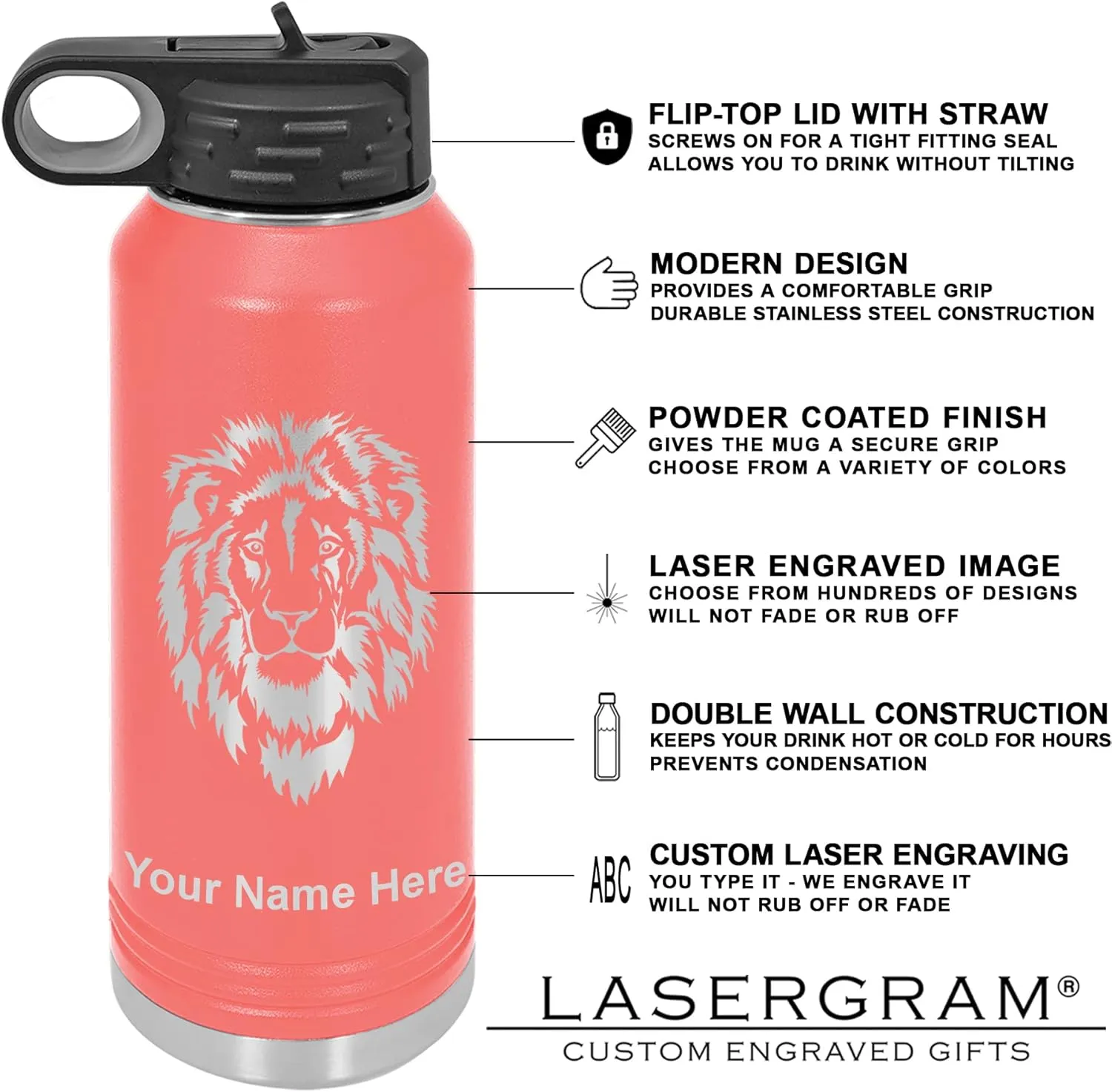 LaserGram Personalized Water Bottle, Sun, Stainless Steel Double Wall Vacuum Insulated with Flip Top Straw, Custom Engraved Gift (40oz / 1180ml Coral)