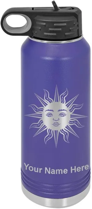 LaserGram Personalized Water Bottle, Sun, Stainless Steel Double Wall Vacuum Insulated with Flip Top Straw, Custom Engraved Gift (40oz / 1180ml Dark Purple)