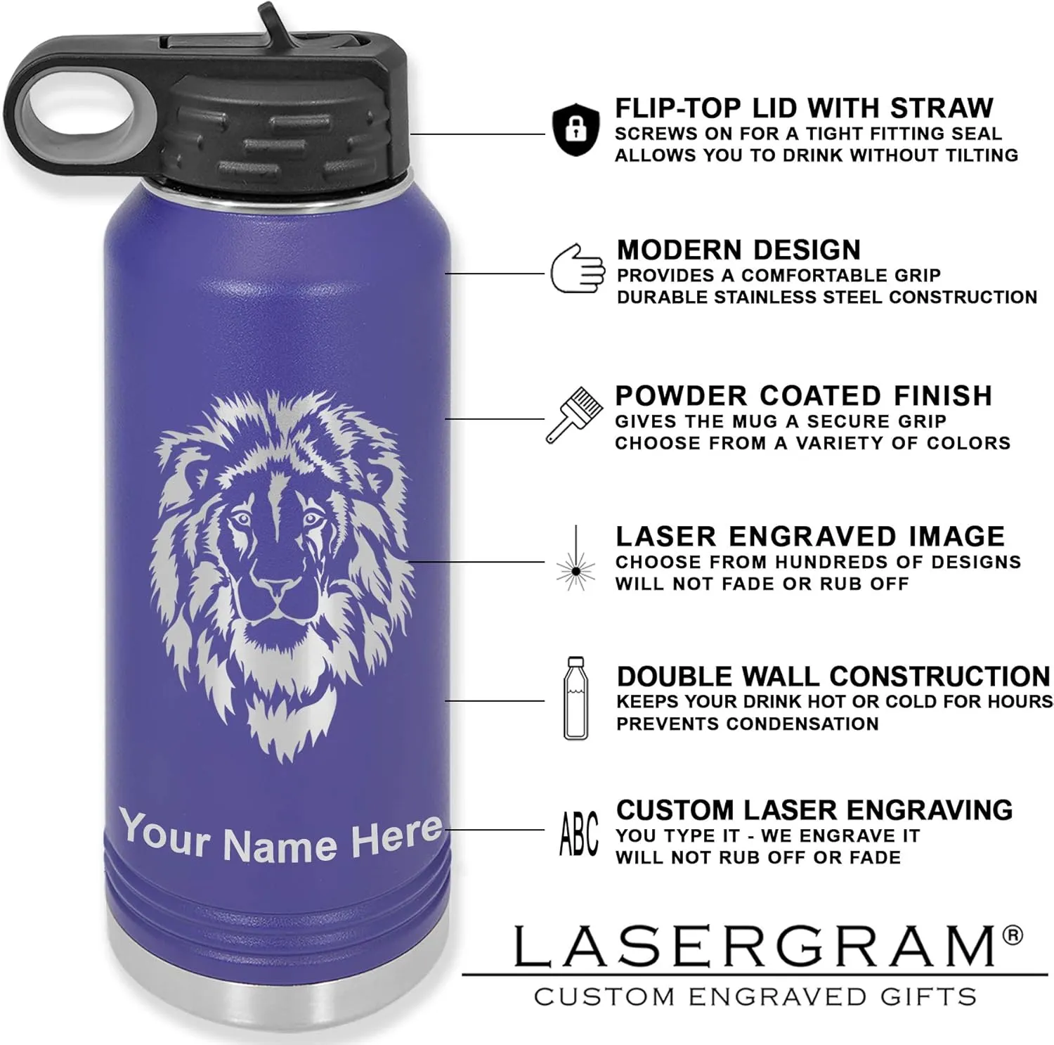 LaserGram Personalized Water Bottle, Sun, Stainless Steel Double Wall Vacuum Insulated with Flip Top Straw, Custom Engraved Gift (40oz / 1180ml Dark Purple)