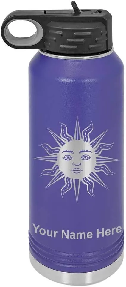 LaserGram Personalized Water Bottle, Sun, Stainless Steel Double Wall Vacuum Insulated with Flip Top Straw, Custom Engraved Gift (40oz / 1180ml Dark Purple)