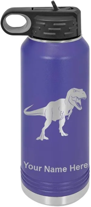 LaserGram Personalized Water Bottle, Tyrannosaurus Rex Dinosaur, Stainless Steel Double Wall Vacuum Insulated with Flip Top Straw, Custom Engraved Gift (40oz / 1180ml Dark Purple)