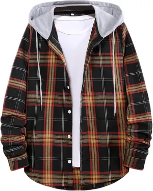 LCMTWX Men's Fleece Flannel Jackets Hooded Collar Long Sleeve Shirt Blouse Long Sleeve Button Up Fleece Plaid Shirts Coat