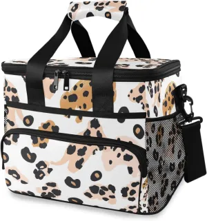 Leopard Print White Cooler Bag Insulated Cooler Soft Sided Cooler 24 Can Portable Picnic Bag Large Leakproof Lunch Bag Box for Beach Grocery Camping Travel Car Men Women