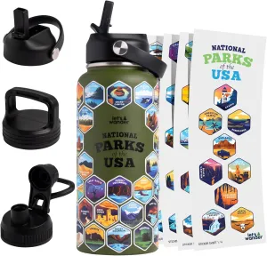 LET'S WANDER National Parks Water Bottle with 3 Lids & 63 Waterproof Stickers - 32oz Leakproof Insulated Stainless Steel with Straw - Parks of the USA Hiker Bucket List Gift Bottle (Green)