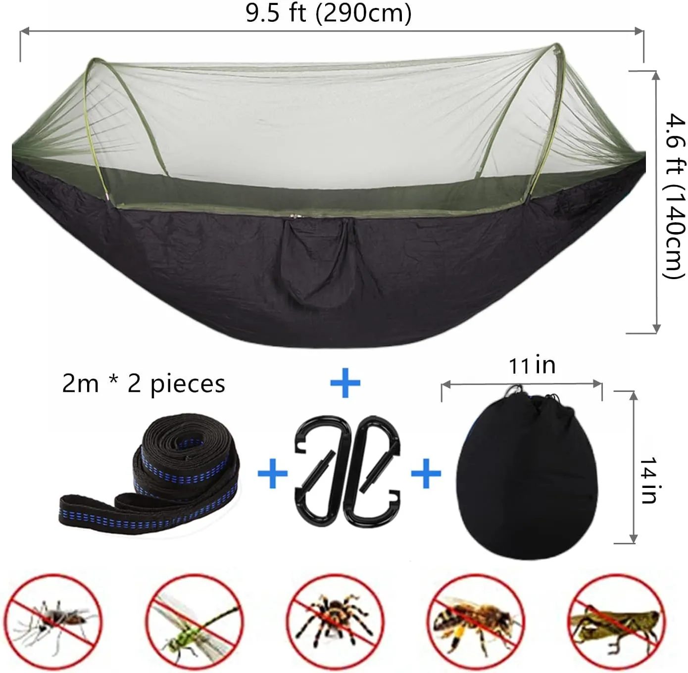 LFL Portable Camping Hammock with Mosquito Net, 1 or 2 Person Outdoor Swing Hammock, Nylon Parachute Material, Quick Opening Outside Hammock, Hiking Travel Courtyard (Black)