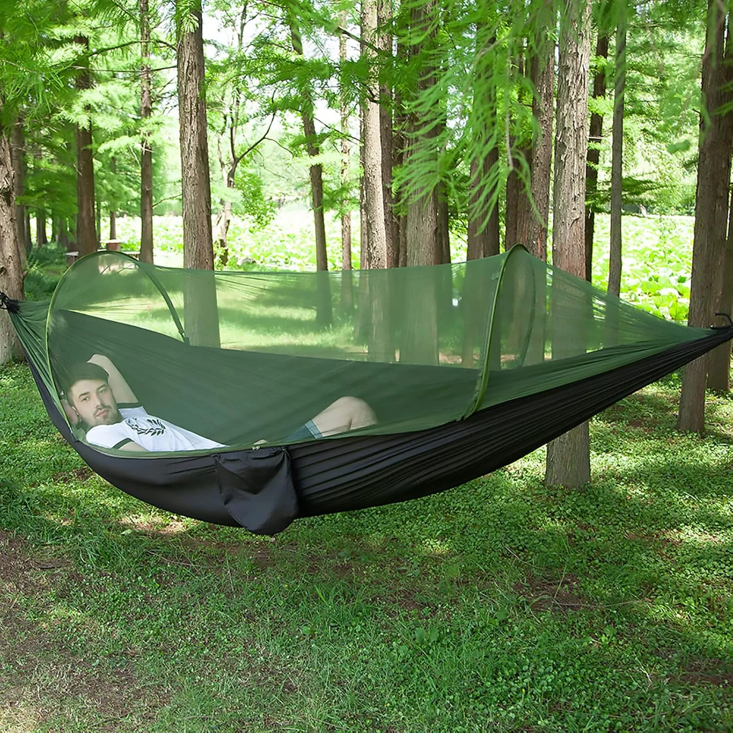 LFL Portable Camping Hammock with Mosquito Net, 1 or 2 Person Outdoor Swing Hammock, Nylon Parachute Material, Quick Opening Outside Hammock, Hiking Travel Courtyard (Black)