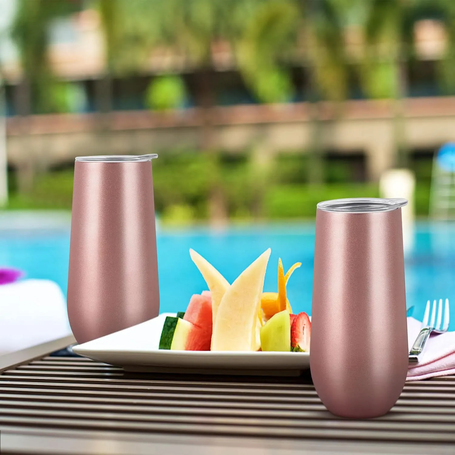 Lifecapido 2 Pack Insulated Tumblers, 12oz Stemless Champagne Flutes, Stainless Steel Tumblers, Insulated Glass for Birthday Party, Wedding, Christmas (Rose Gold)