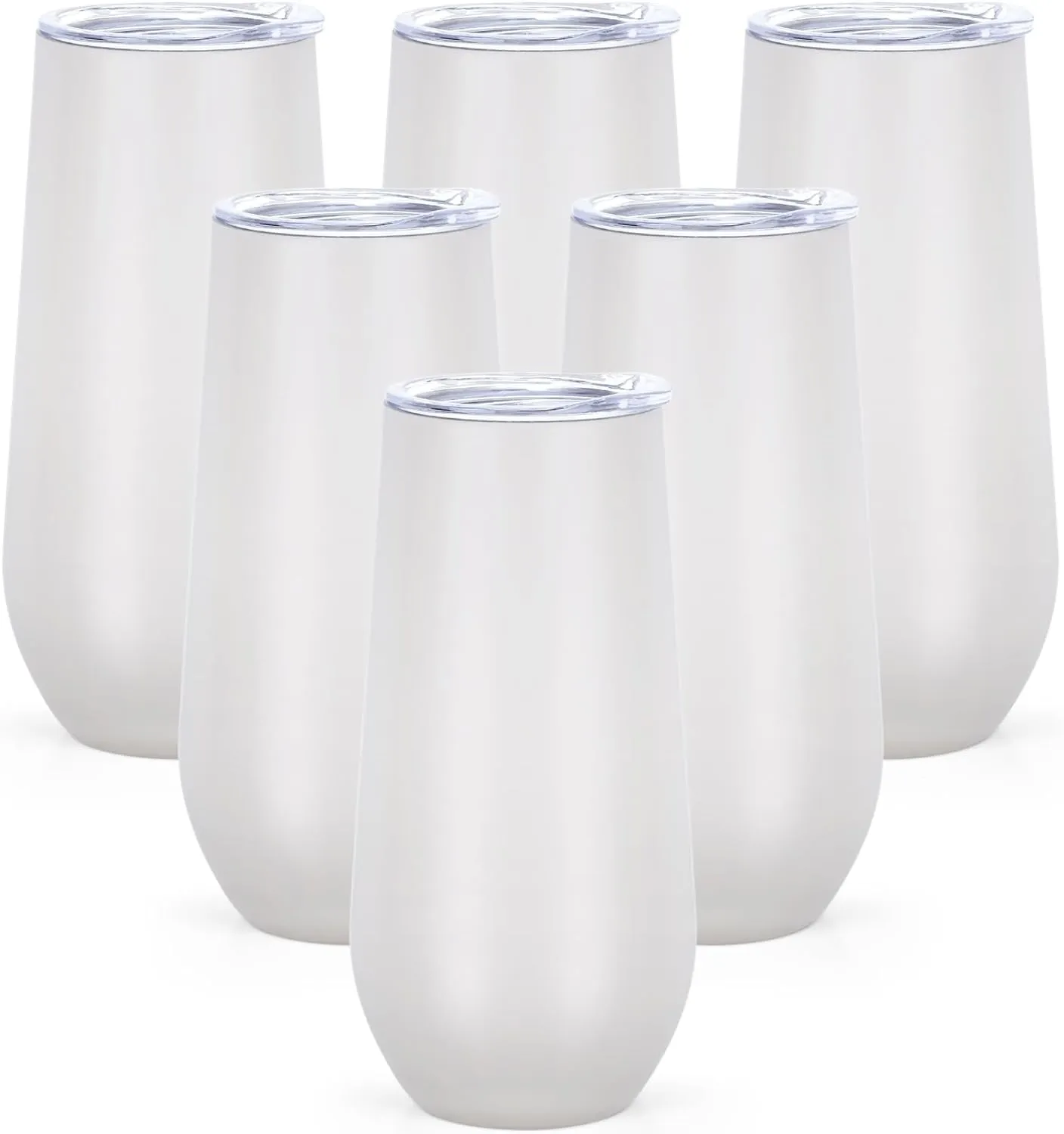Lifecapido 6 Pack Stemless Champagne Flute Glass, 6 Oz Unbreakable Cocktail Champagne Tumbler, Stainless Steel Champagne Glass with Lid, Wedding Birthday Christmas Gifts for Friends(Almond Birch)