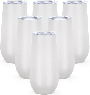 Lifecapido 6 Pack Stemless Champagne Flute Glass, 6 Oz Unbreakable Cocktail Champagne Tumbler, Stainless Steel Champagne Glass with Lid, Wedding Birthday Christmas Gifts for Friends(Almond Birch)
