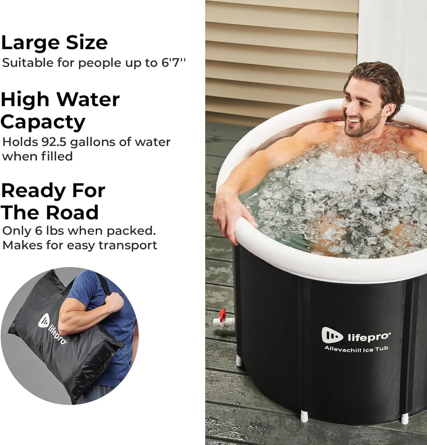 Lifepro Portable Ice Bath Tub with Lid and Storage Bag - Lightweight, Durable Cold Plunge Tub for Home Therapy Sessions -Home & Travel Ice Bath Tub for Adults and Athletes - 14°F - 122°F Temp, Outdoor