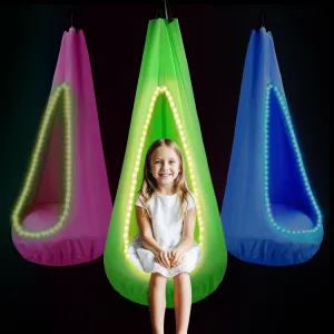 Light Up Kids Pod Swing Seat – Sensory Hammock Chair with Remote & Bluetooth App Control LED Lights, Inflatable Cushion, Pocket – Indoor & Outdoor Swing for Autism & Relaxation