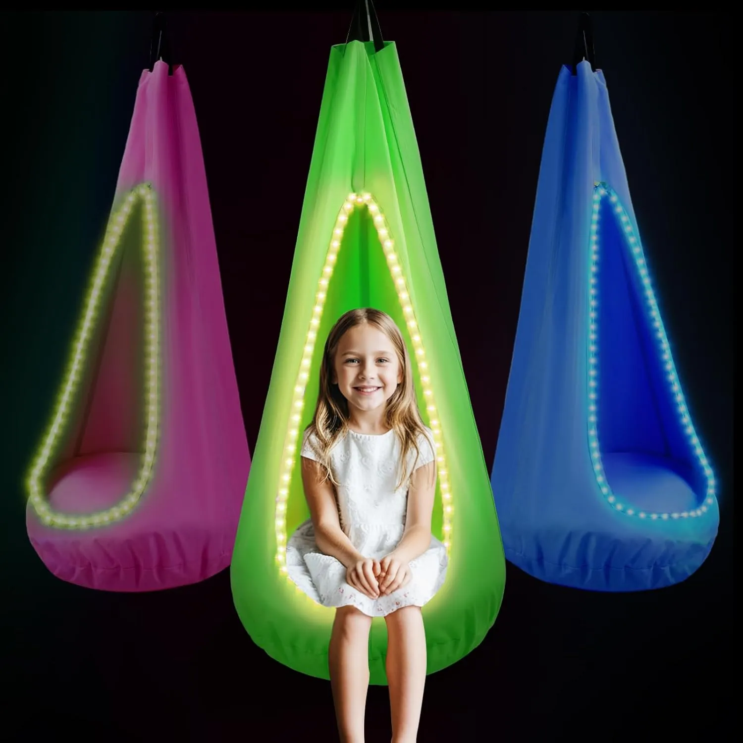 Light Up Kids Pod Swing Seat – Sensory Hammock Chair with Remote & Bluetooth App Control LED Lights, Inflatable Cushion, Pocket – Indoor & Outdoor Swing for Autism & Relaxation