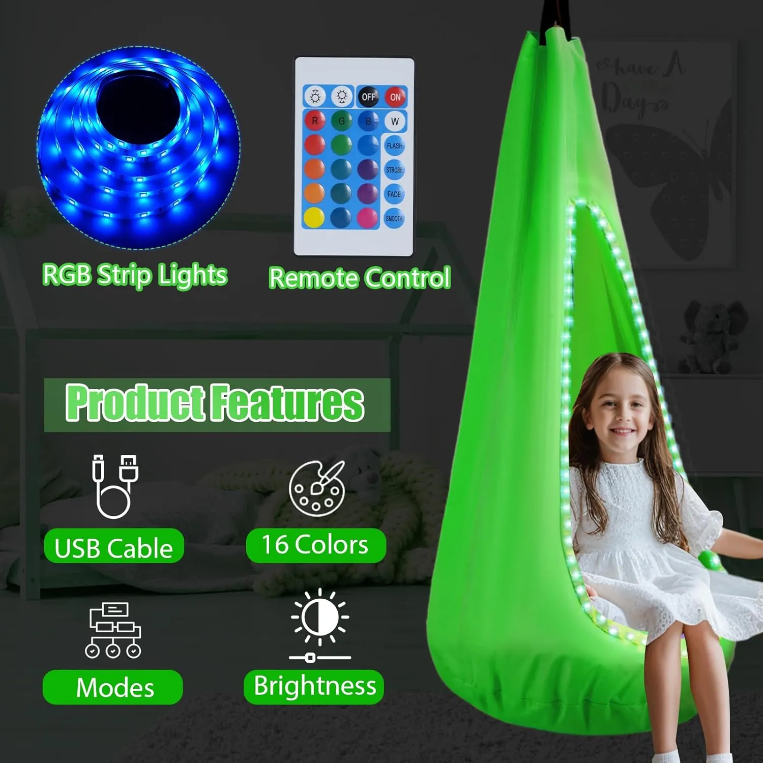 Light Up Kids Pod Swing Seat – Sensory Hammock Chair with Remote & Bluetooth App Control LED Lights, Inflatable Cushion, Pocket – Indoor & Outdoor Swing for Autism & Relaxation