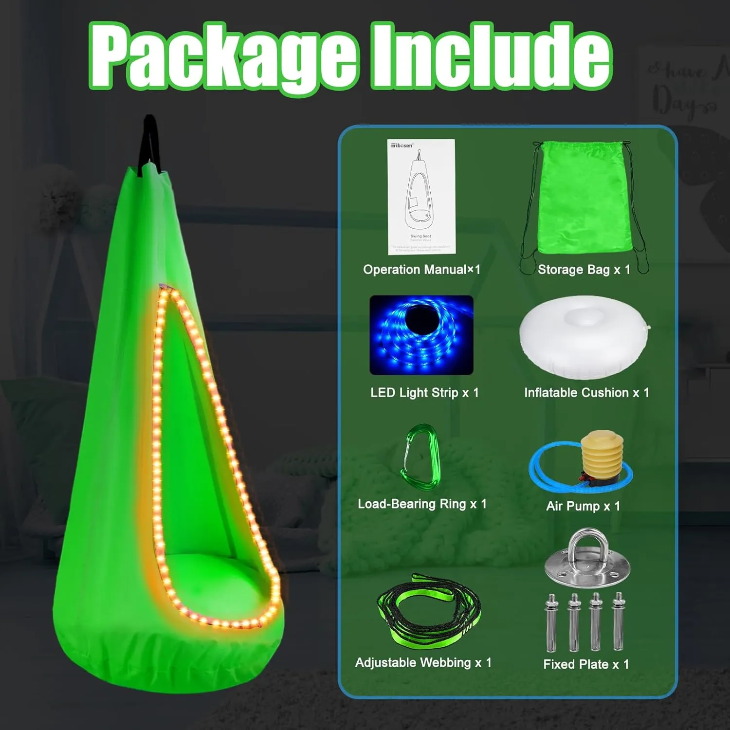 Light Up Kids Pod Swing Seat – Sensory Hammock Chair with Remote & Bluetooth App Control LED Lights, Inflatable Cushion, Pocket – Indoor & Outdoor Swing for Autism & Relaxation