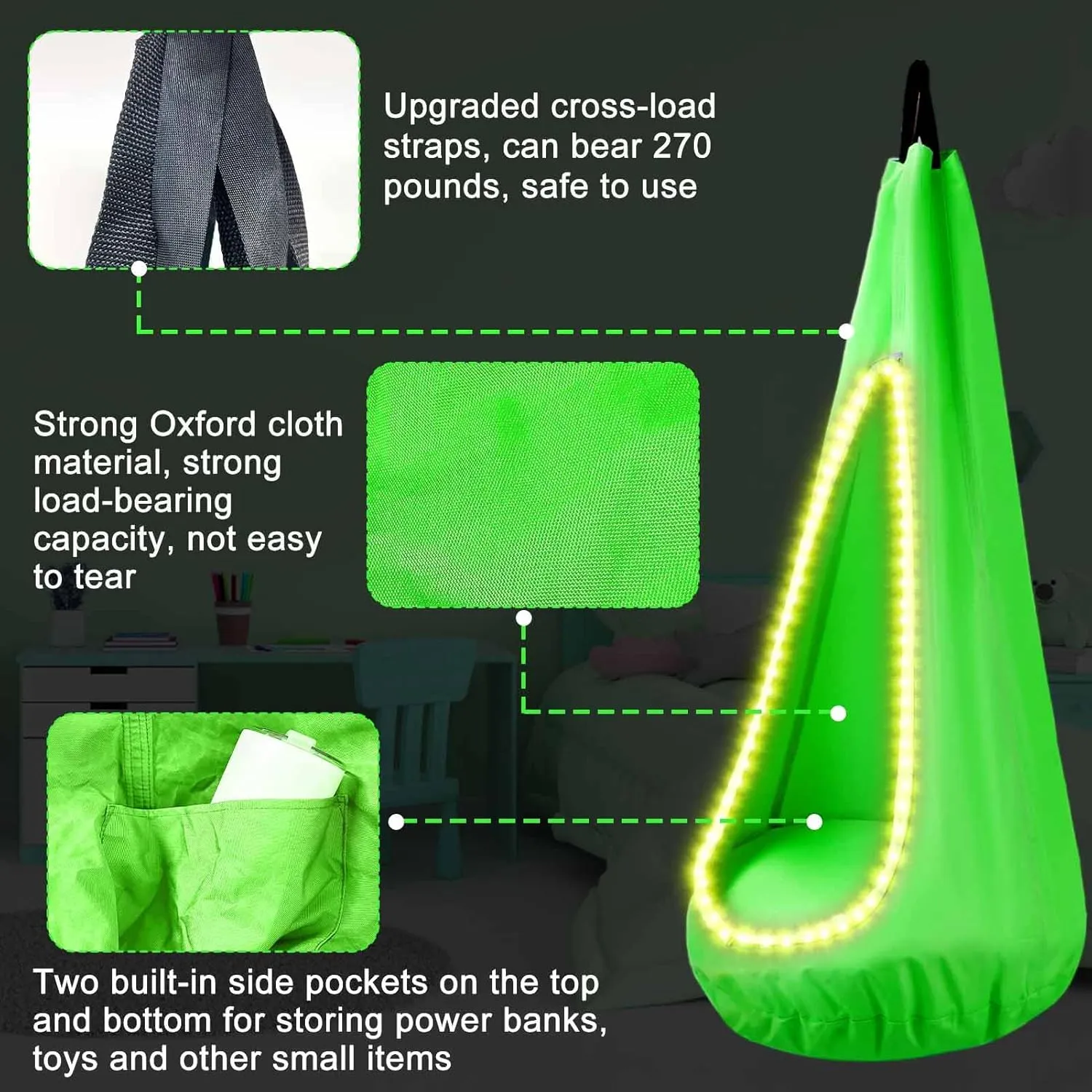 Light Up Kids Pod Swing Seat – Sensory Hammock Chair with Remote & Bluetooth App Control LED Lights, Inflatable Cushion, Pocket – Indoor & Outdoor Swing for Autism & Relaxation