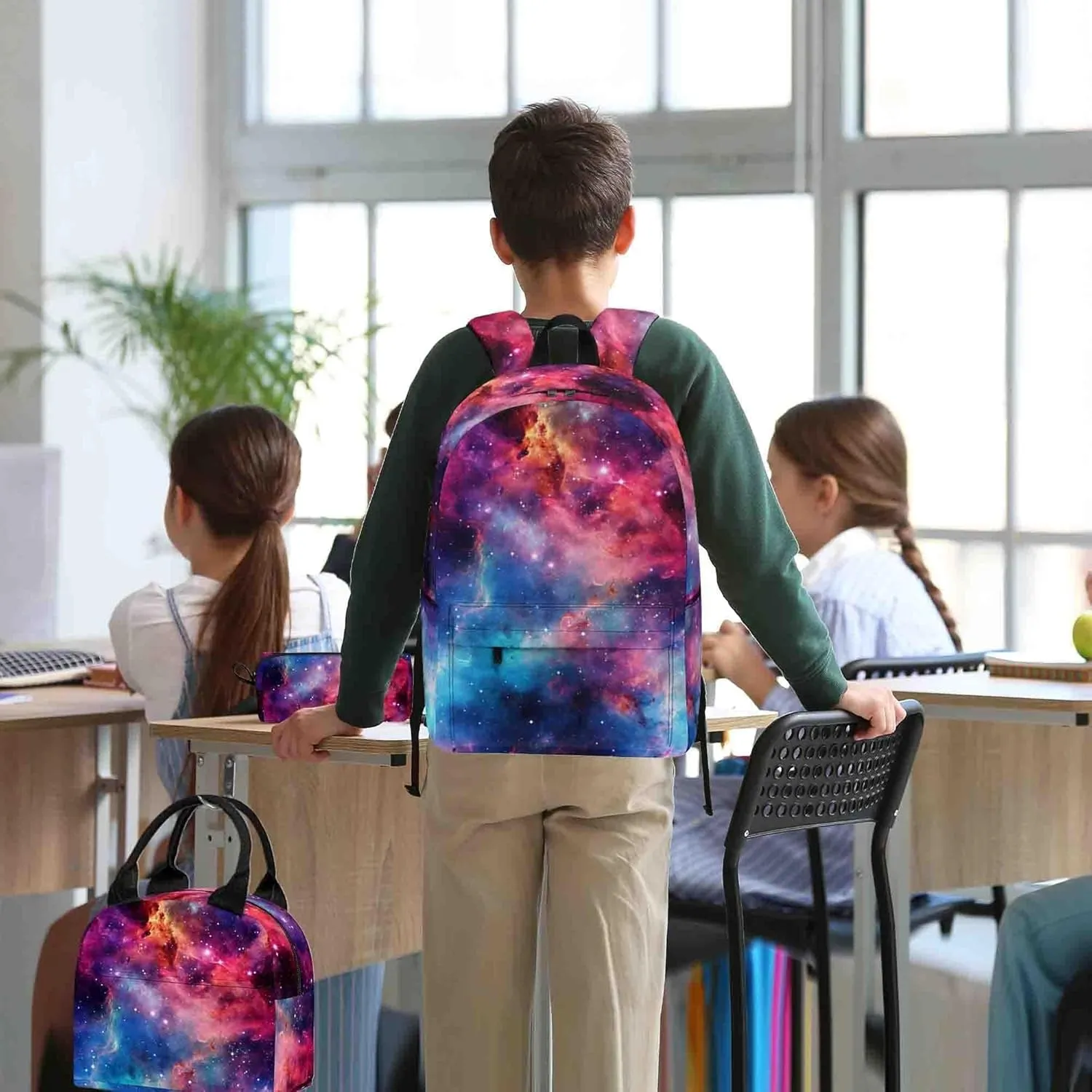 Lightning Printed Backpack Set for Boys Kids, 3Pcs Bookbag with Pencil Case for school, 17 Inch Lightweight Laptop Backpack with Lunch Bag for Mens Teens Office, High School