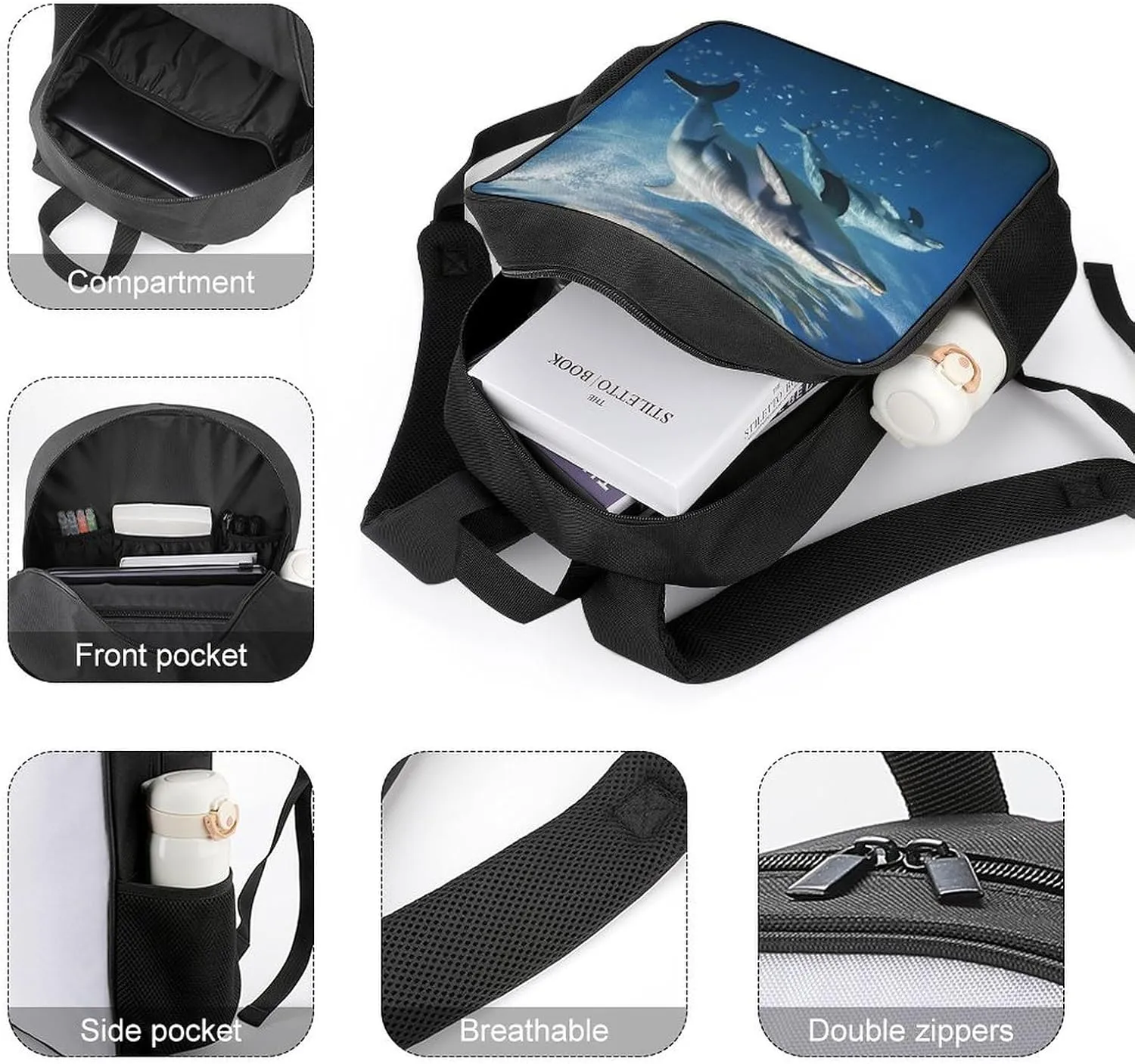Lightweight Backpacks Cute Travel Bag Durable Cute Dolphins Printing Small Travel Backpack For Women & Men