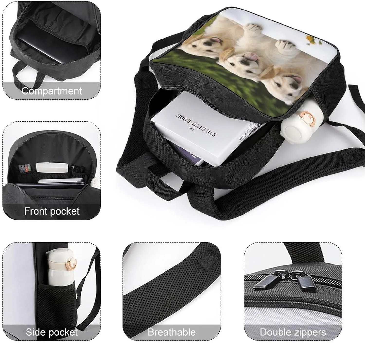 Lightweight Backpacks Cute Travel Bag Durable Golden Retriever Puppies Printing Small Travel Backpack For Women & Men