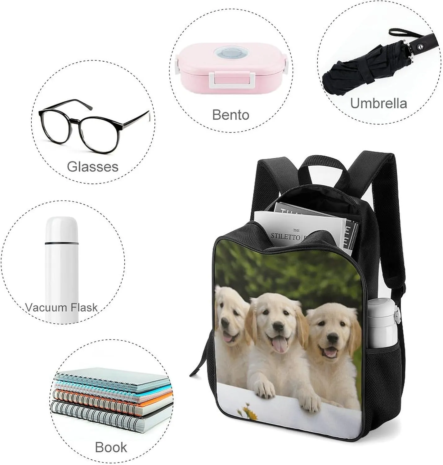 Lightweight Backpacks Cute Travel Bag Durable Golden Retriever Puppies Printing Small Travel Backpack For Women & Men