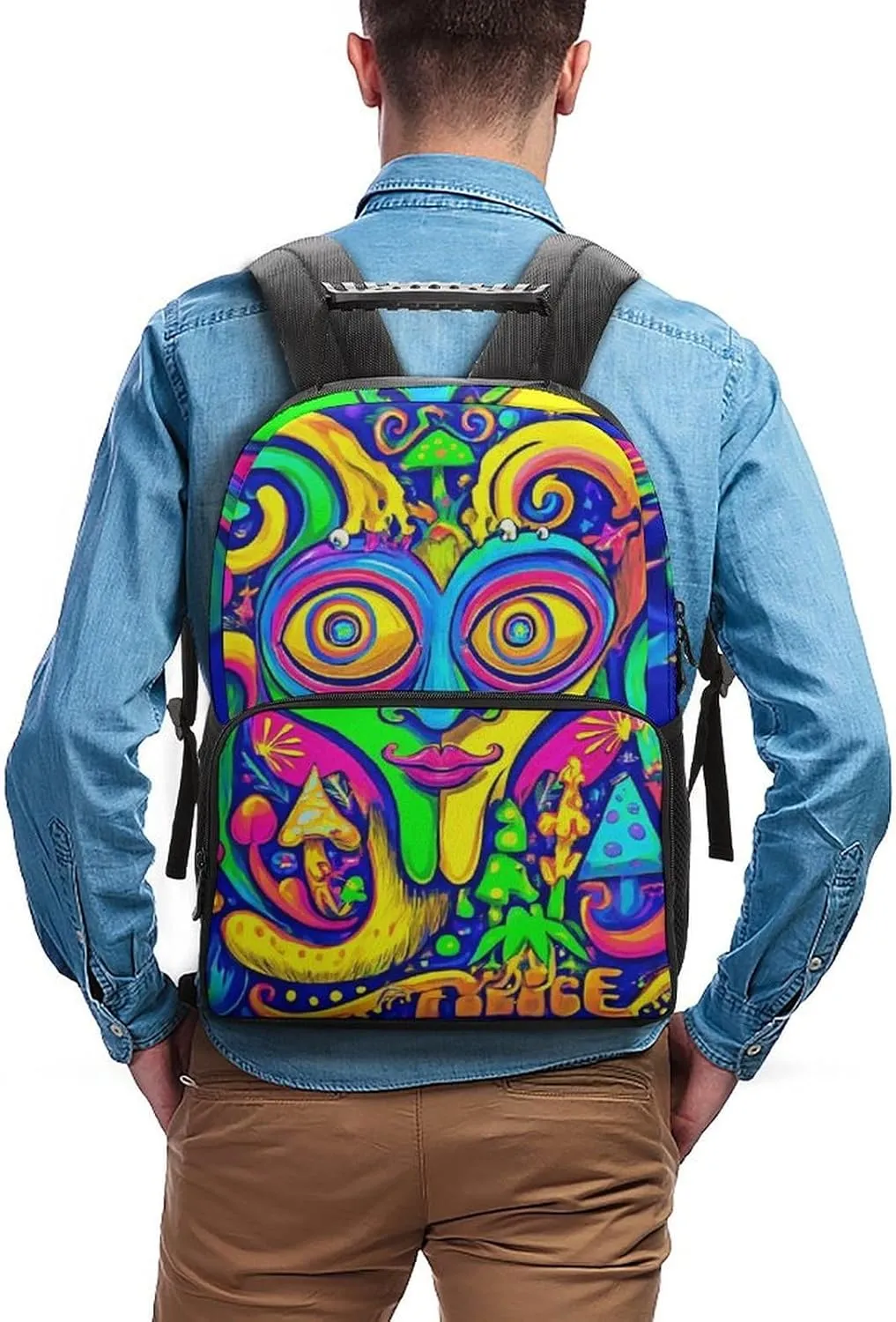 Lightweight Daypack Backpack for Sports Travel Running - Large Capacity Multipurpose Anti-Theft Bookbag, Blue Peace Trippy Eyes Mushrooms Laptop Backpack Daypack