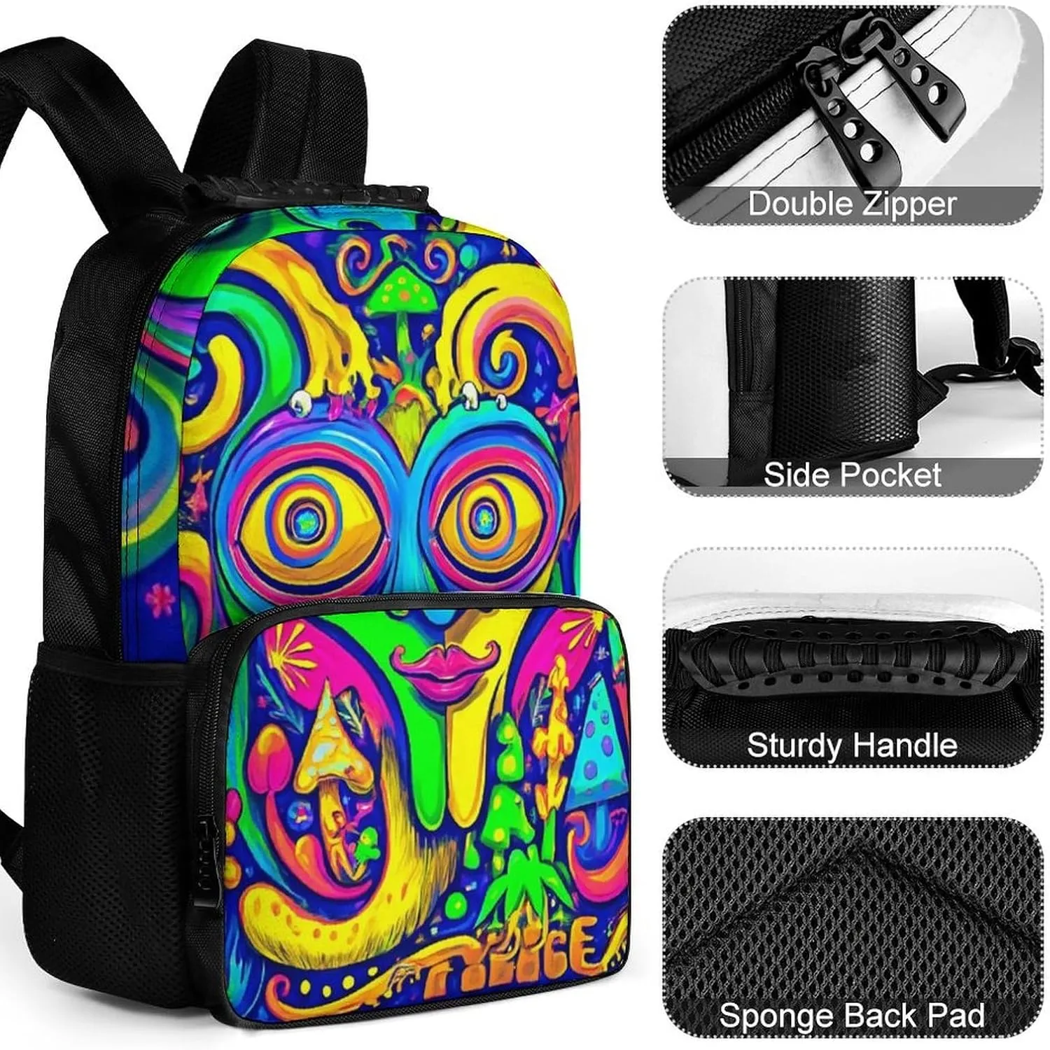 Lightweight Daypack Backpack for Sports Travel Running - Large Capacity Multipurpose Anti-Theft Bookbag, Blue Peace Trippy Eyes Mushrooms Laptop Backpack Daypack