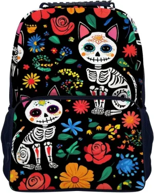 Lightweight Rucksack for Sports Travel Running - Big Capacity Multipurpose Anti-Theft Bookbag, Day Of The Dead Black Cat Rose Sugar Skull Skeleton Travel and Sport Backpack Rucksack