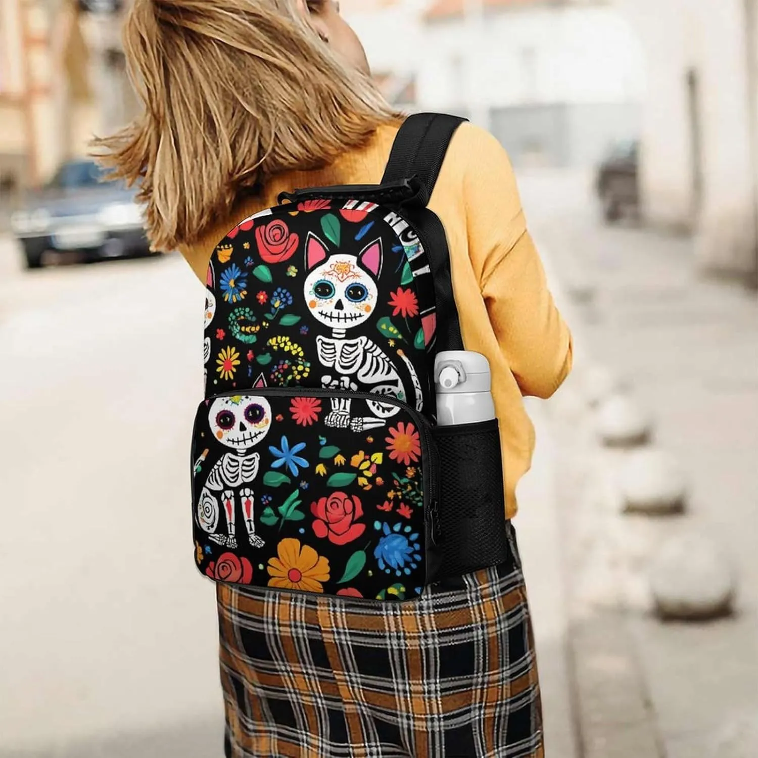 Lightweight Rucksack for Sports Travel Running - Big Capacity Multipurpose Anti-Theft Bookbag, Day Of The Dead Black Cat Rose Sugar Skull Skeleton Travel and Sport Backpack Rucksack