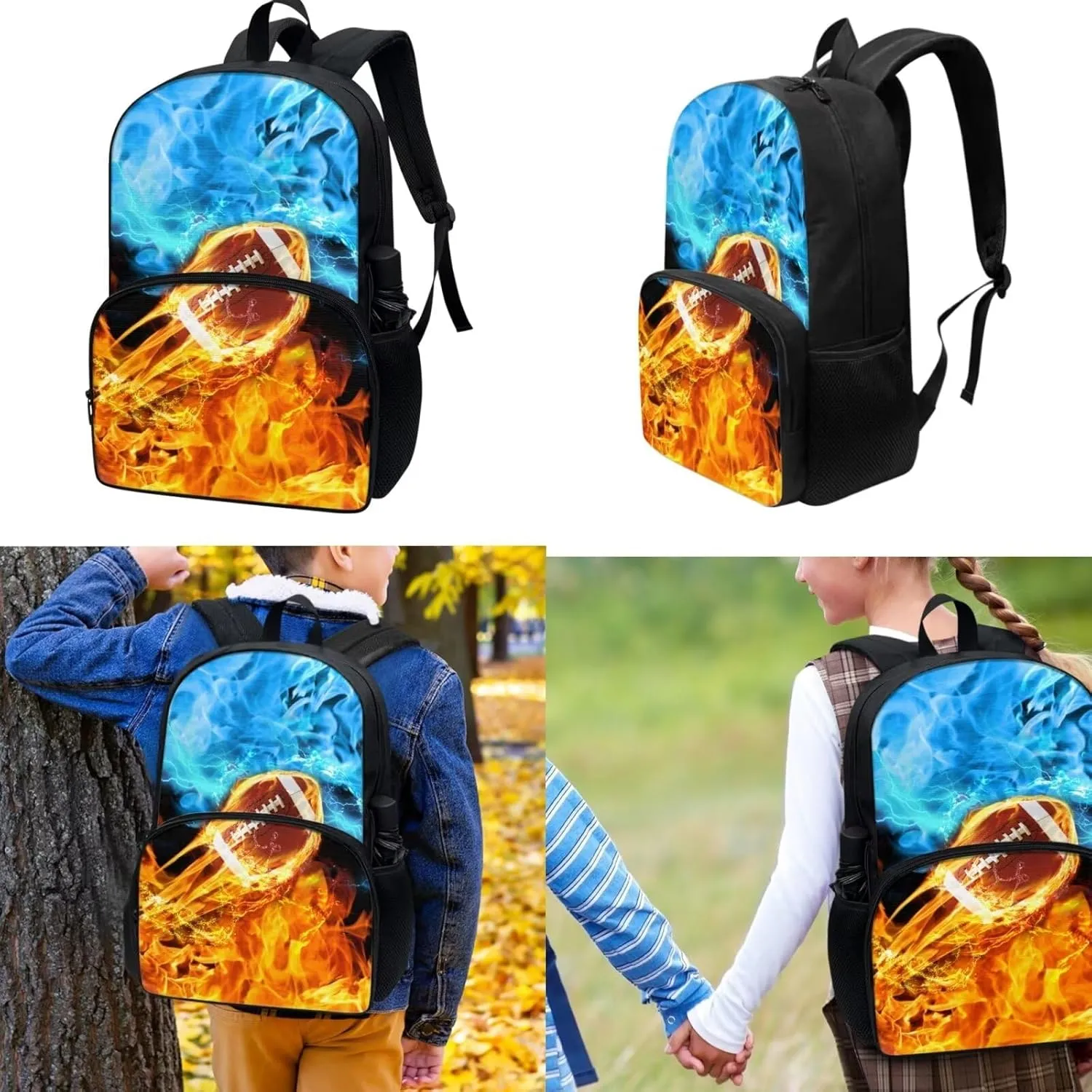 Lightweight School Backpack 3 Pieces Fire Flame Rugby Print Backpack with Waterproof Lunch Box Pencil Pouch Daypack School Bag Bookbag Backpack Set for Boy Girls 3 in 1
