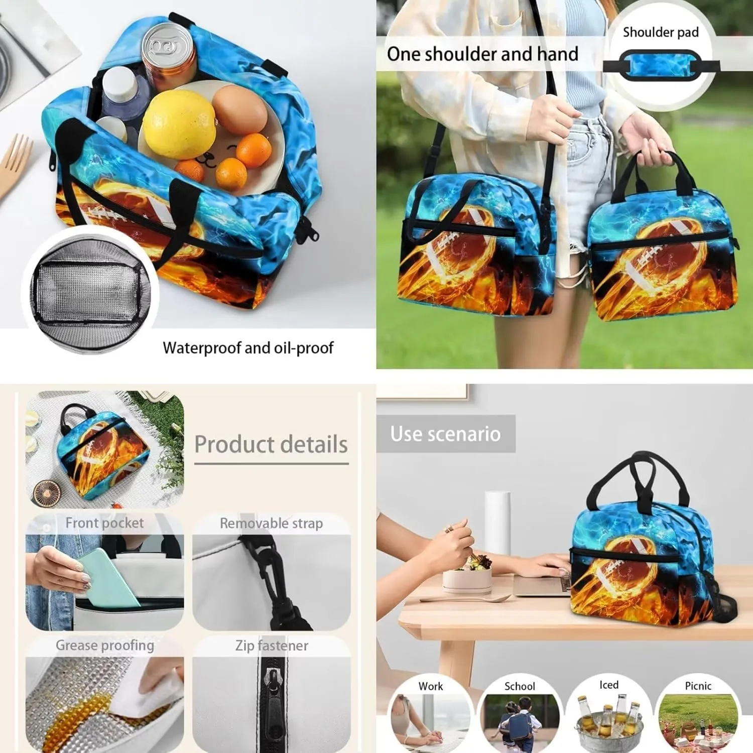 Lightweight School Backpack 3 Pieces Fire Flame Rugby Print Backpack with Waterproof Lunch Box Pencil Pouch Daypack School Bag Bookbag Backpack Set for Boy Girls 3 in 1
