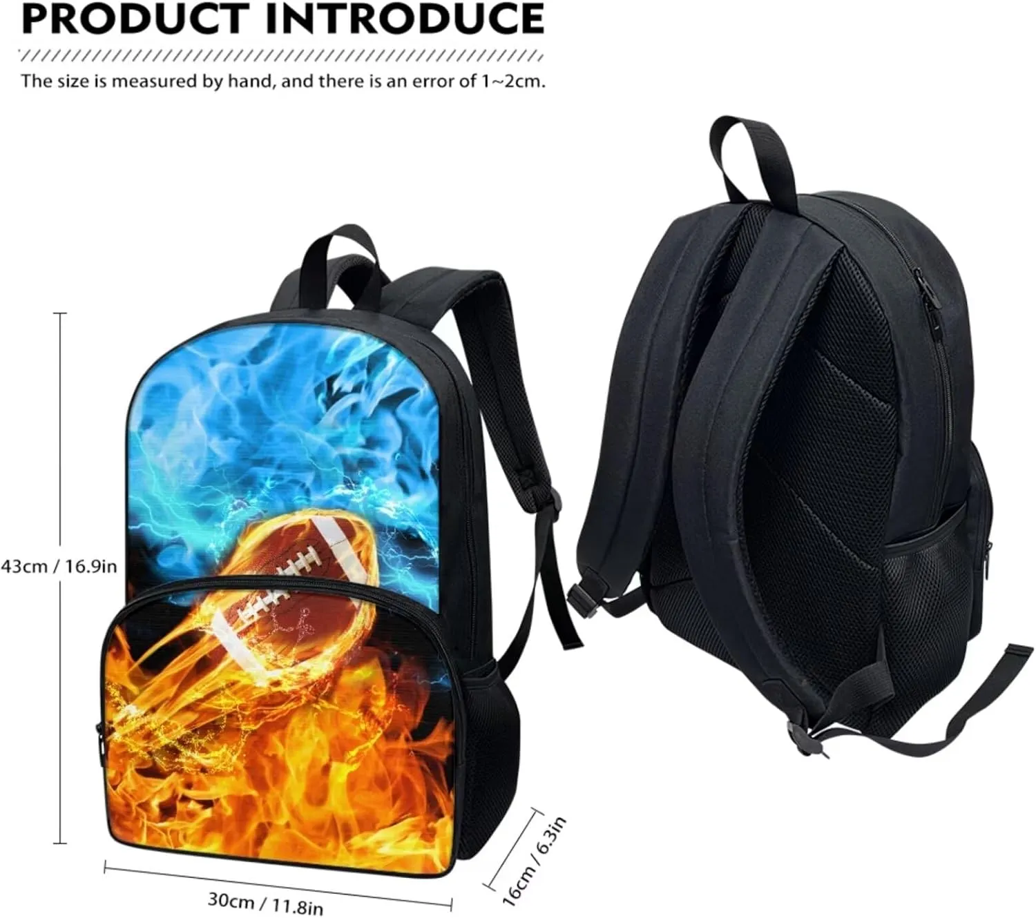 Lightweight School Backpack 3 Pieces Fire Flame Rugby Print Backpack with Waterproof Lunch Box Pencil Pouch Daypack School Bag Bookbag Backpack Set for Boy Girls 3 in 1