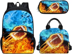 Lightweight School Backpack 3 Pieces Fire Flame Rugby Print Backpack with Waterproof Lunch Box Pencil Pouch Daypack School Bag Bookbag Backpack Set for Boy Girls 3 in 1