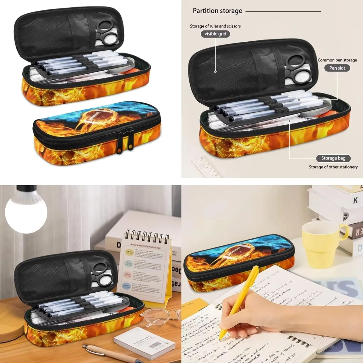 Lightweight School Backpack 3 Pieces Fire Flame Rugby Print Backpack with Waterproof Lunch Box Pencil Pouch Daypack School Bag Bookbag Backpack Set for Boy Girls 3 in 1